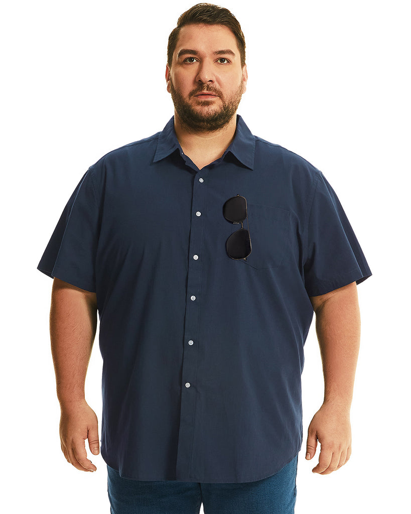 Hodo Big Size Mens Casual Button Down Shirt with Pocket 100% Cotton Short Sleeve navy